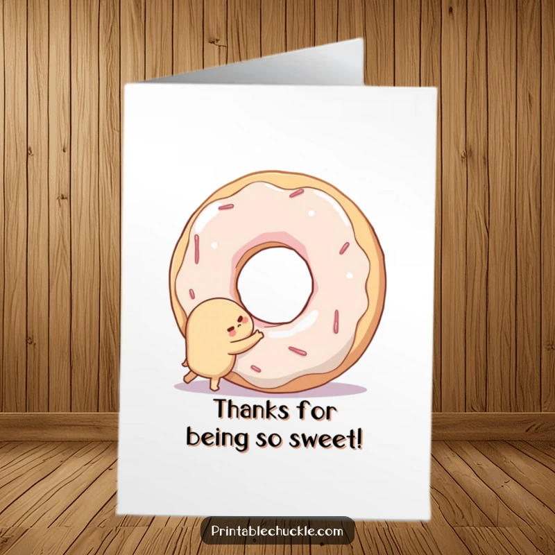 Funny Free Printable Thank You Card: Shy donut attempts to hug a giant smiling doughnut hole, a sweet and comical thank you.