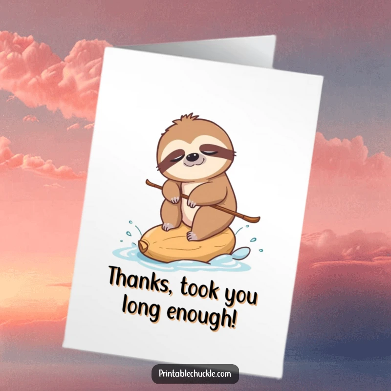 Funny free printable thank you card: a drowsy sloth balancing on a cashew nut, water skiing slowly.