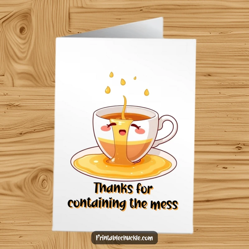 Funny Free Printable Thank You Card of a bewildered teacup, with tea spilling everywhere, saying thanks.