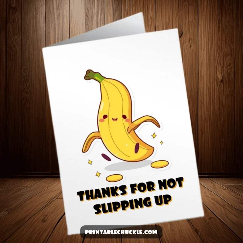 Funny Free Printable Thank You Card: A banana peel executes a theatrical fall, perfect for thanking someone with a laugh.
