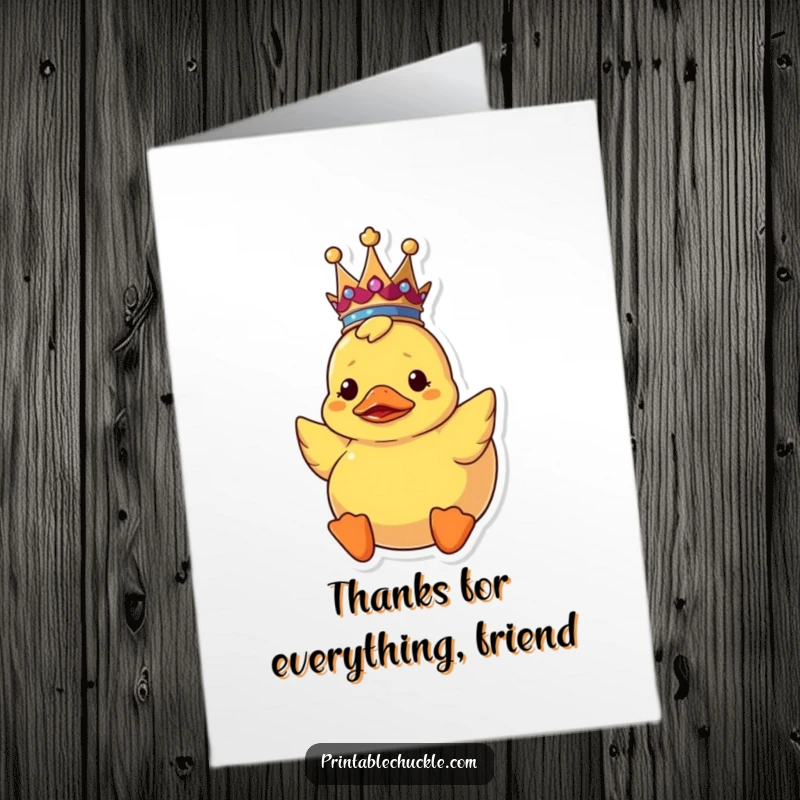 Funny Free Printable Thank You Card: A confused rubber duck, adorned with a tiny crown, floats upside down, perfect for quirky thanks.