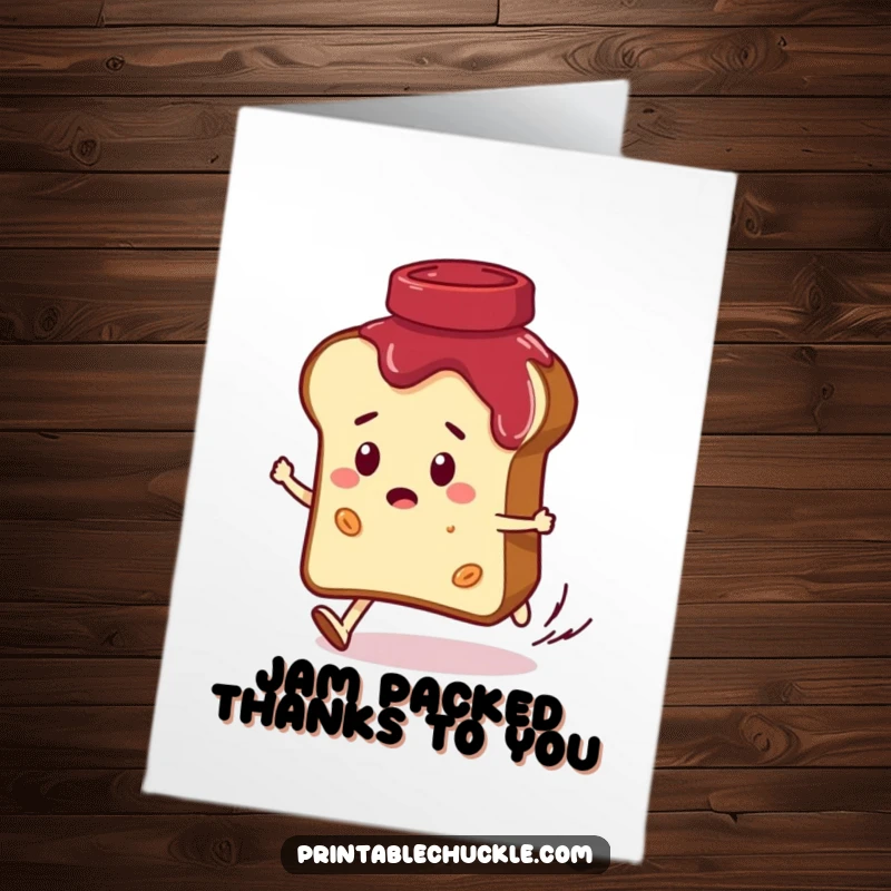 Funny free printable thank you card: a bread slice character fleeing a giggling jar of jam, a sweet yet funny escape.