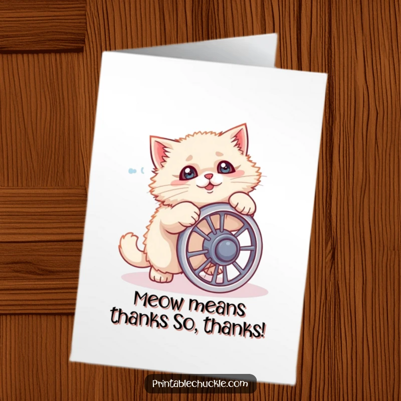 Funny Free Printable Cat Thank You Card: A fluffy cat fails spectacularly at using a tiny ab wheel, looking surprised.