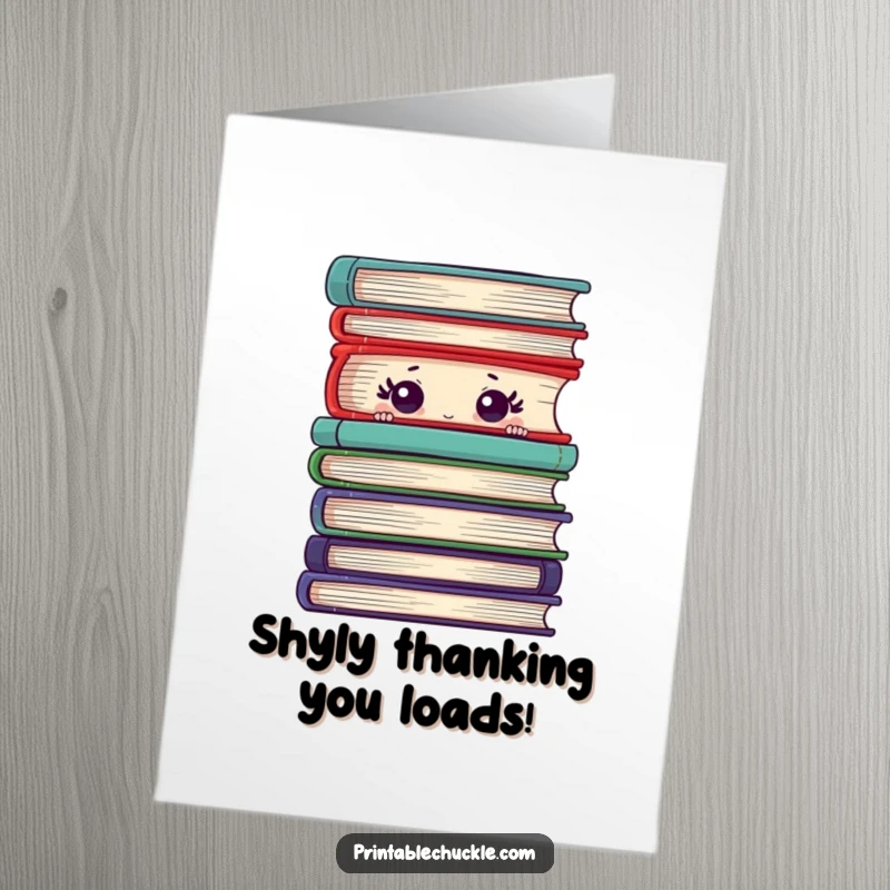 Funny Free Printable Thank You Card showing a shy book peeking from a large stack, ideal for expressing gratitude.