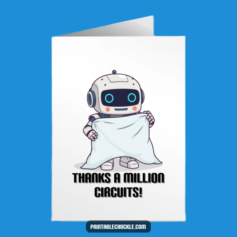 Free Printable Funny Thank You Card: Robot's Sheet Folding Woes Gratitude