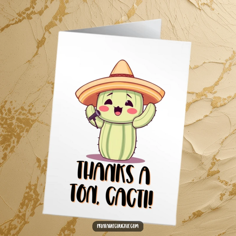 Funny Free Printable Thank You Card: A cactus sporting a sombrero sings a cheerful thank you tune.