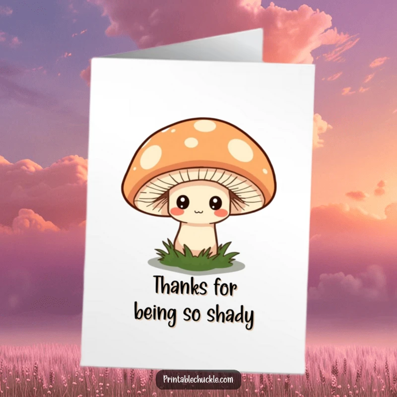 Funny Free Printable Thank You Card: Shy mushroom in a quirky hat, offering thanks.
