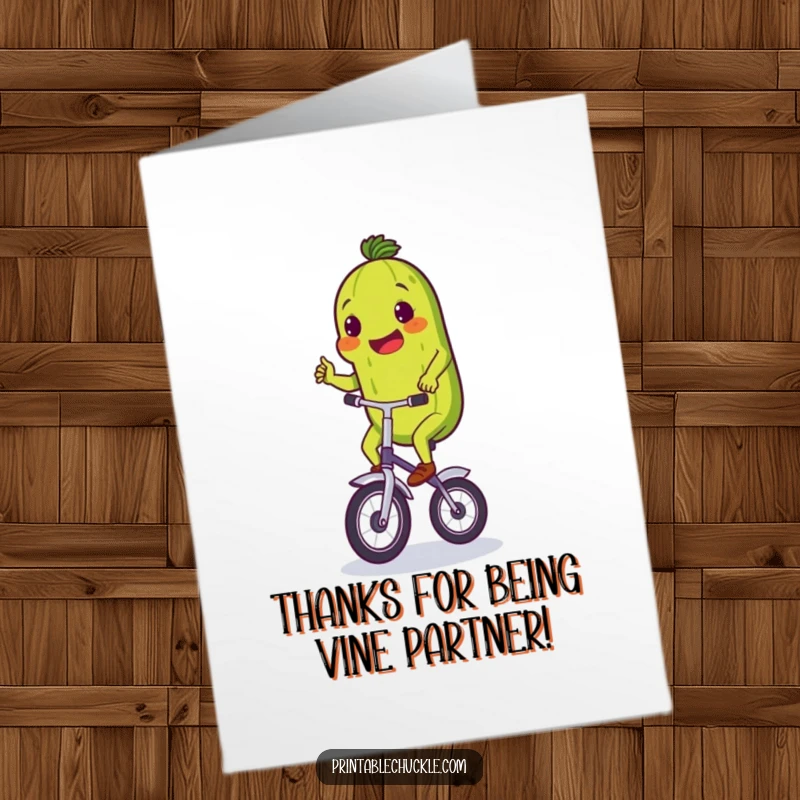 Funny free printable thank you card of a proud pickle pedaling a tiny unicycle with great effort, a quirky thank you.