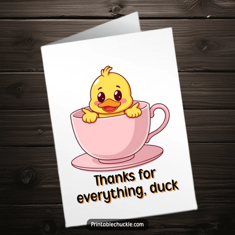 Funny free printable thank you card depicting a bewildered rubber duck character amusingly lodged inside a giant teacup.