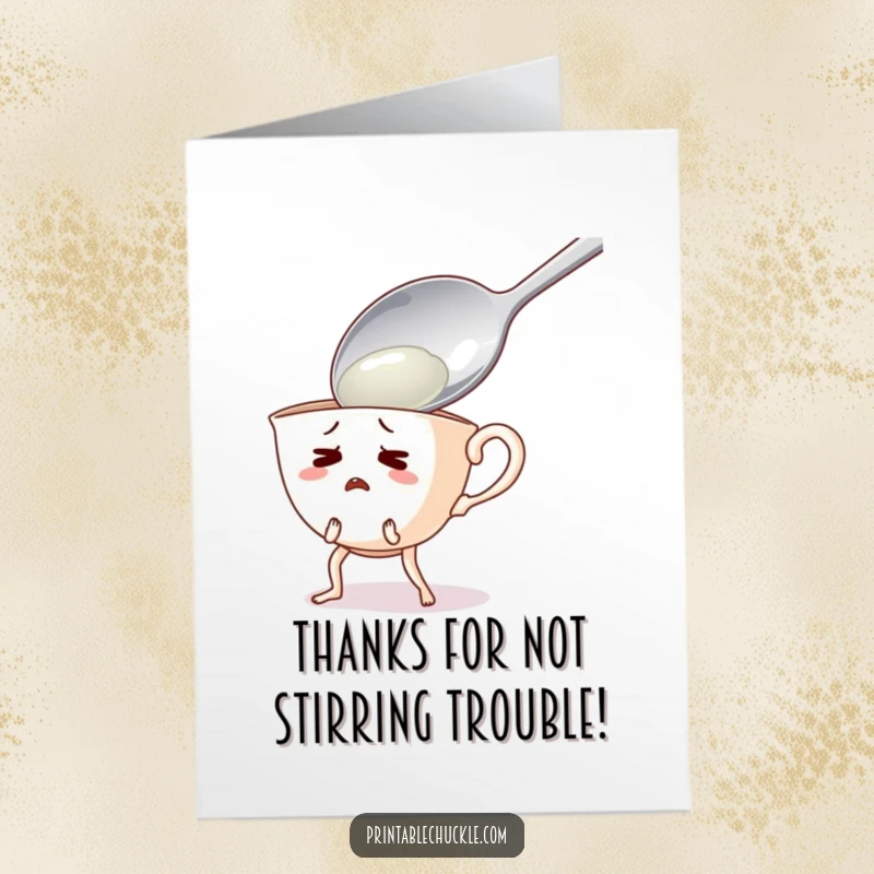 Funny Free Printable Teacup Thank You Card: Startled teacup with legs recoils from a giant spoon, offering surprised thanks.