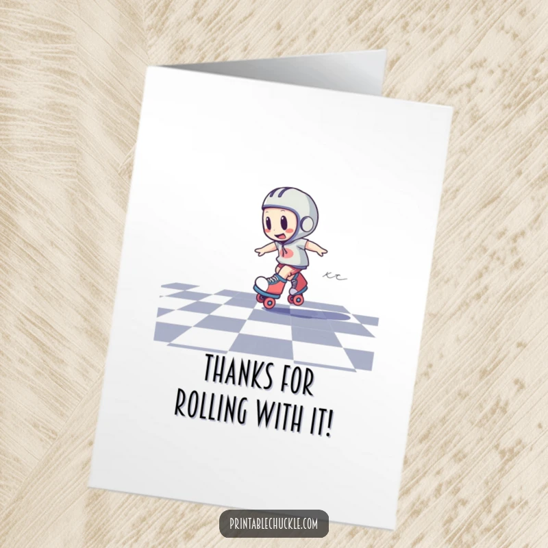 Funny Free Printable Thank You Card: A roller skate character spinning rapidly, looking dizzy on a checkered floor, expressing thanks humorously.