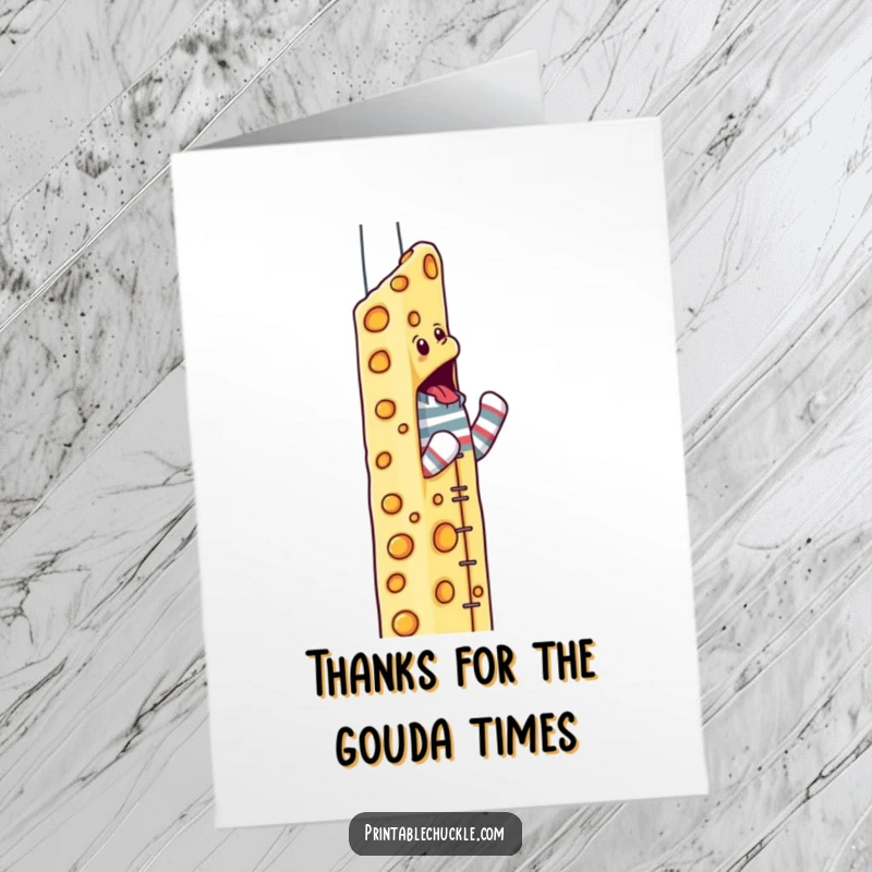 Funny Free Printable Thank You Card: A determined sock puppet character climbs a giant cheese skyscraper, symbolizing a big thank you.