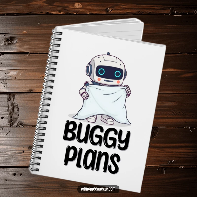 Funny notebook with a clumsy robot hilariously attempting to fold a fitted sheet, ideal for journaling.