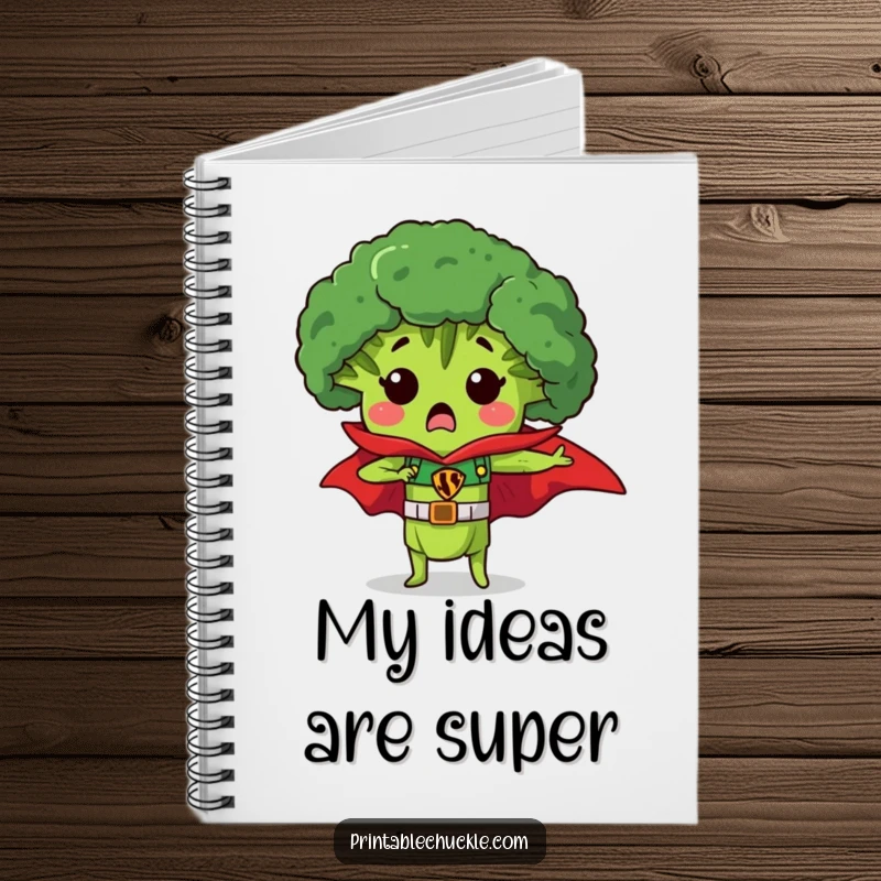 Funny notebook with a surprised piece of broccoli wearing a superhero cape, a humorous stationery item for notes.