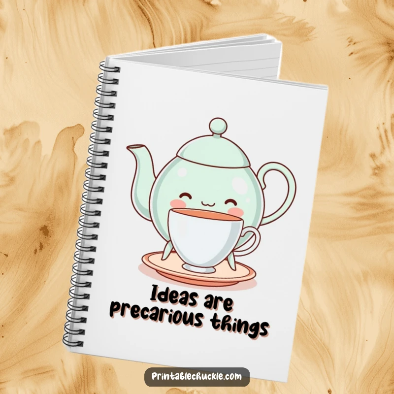 Funny cheerful teapot on legs, struggling to balance a teacup, on a notebook, perfect for jotting down funny ideas, a funny gift.