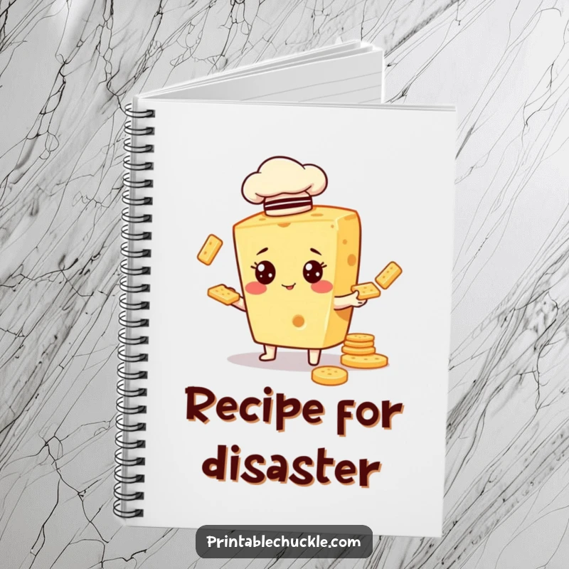 Funny notebook with a cheese character in a chef hat, juggling crackers, perfect for notes and witty ideas.