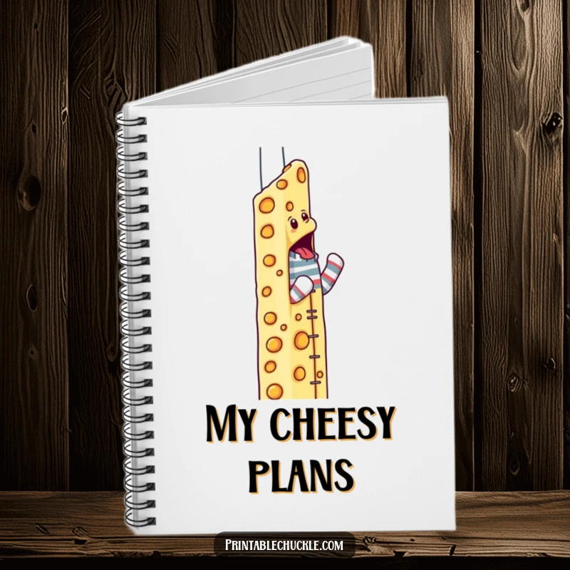 Funny sock puppet notebook with a determined climber scaling a cheese skyscraper, perfect for goal-oriented notes.