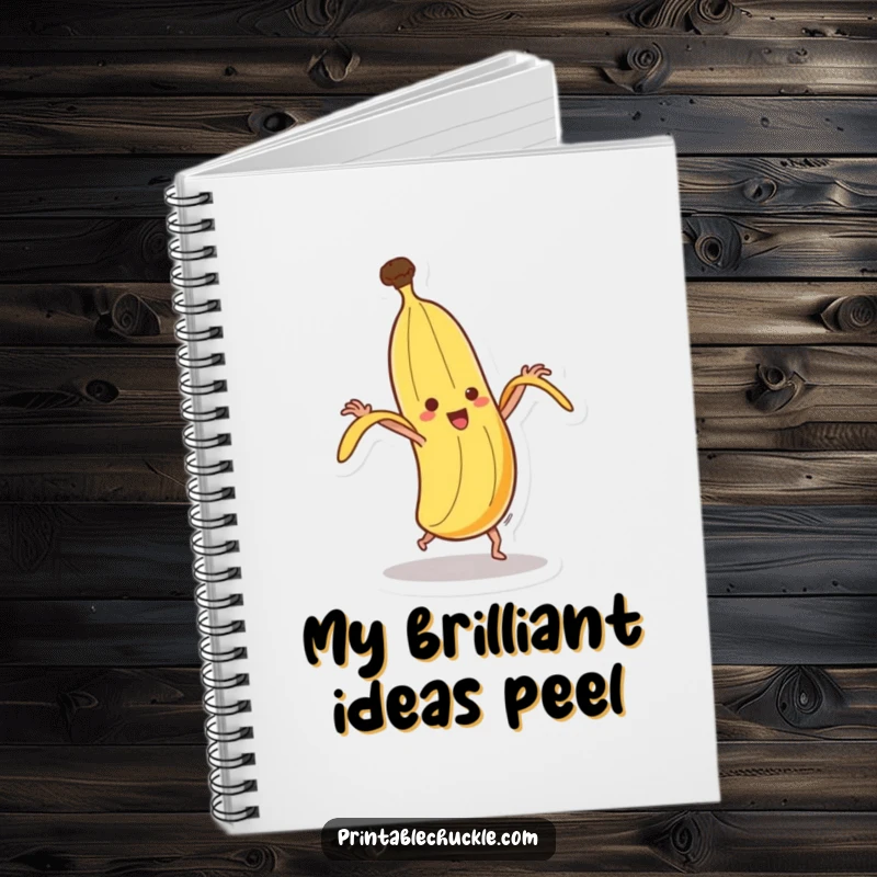 Funny dancing banana notebook, cover art showing a banana spinning and humorously attempting to peel itself.
