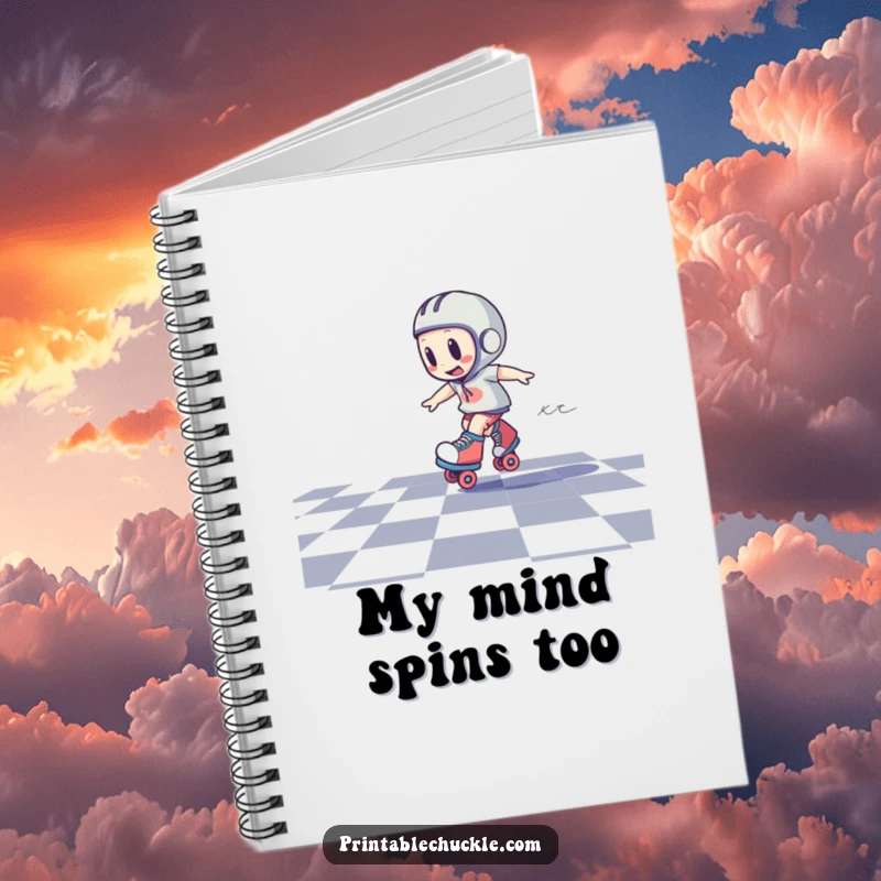 Funny notebook with a roller skate character spinning rapidly on a checkered floor, ideal for humorous notes.
