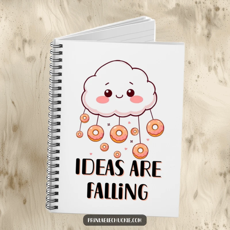 Funny giddy cloud raining tiny donuts on the cover of a notebook, ready for sweet thoughts.