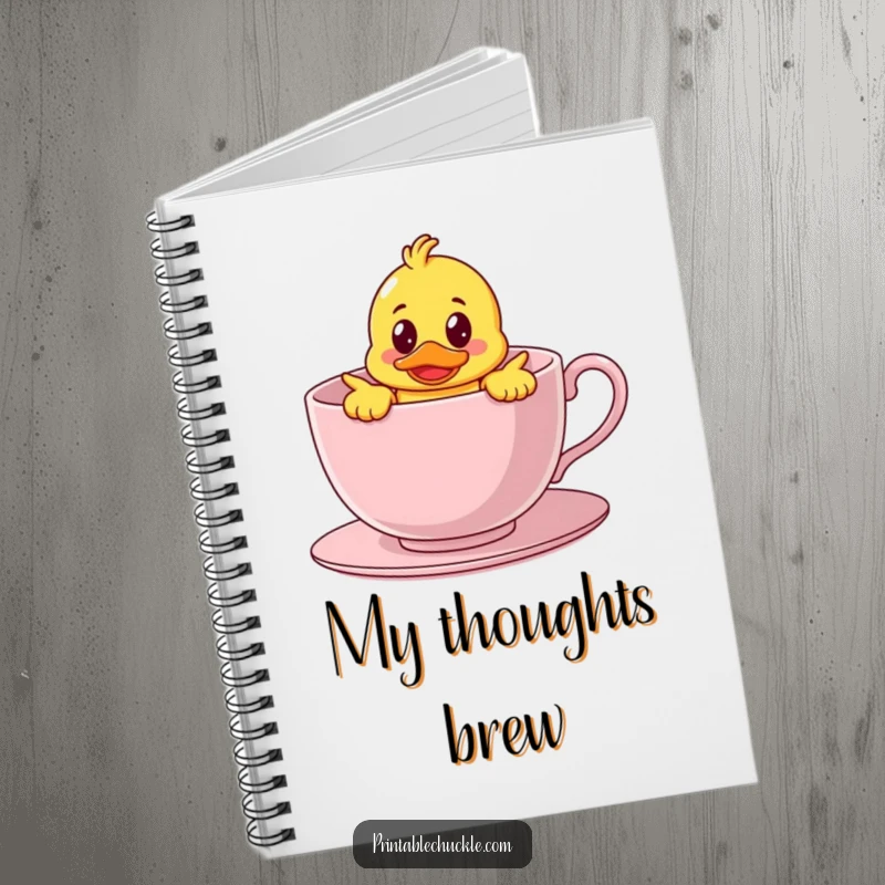 Funny notebook featuring a bewildered rubber duck character hilariously stuck inside a giant teacup, perfect for jotting down thoughts with cute humor.