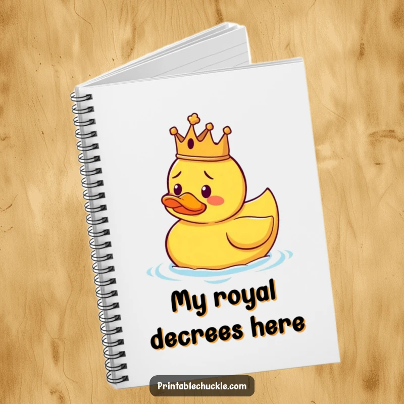 Funny notebook cover featuring a confused rubber duck wearing a crown, floating randomly, perfect for jotting down regal ideas.