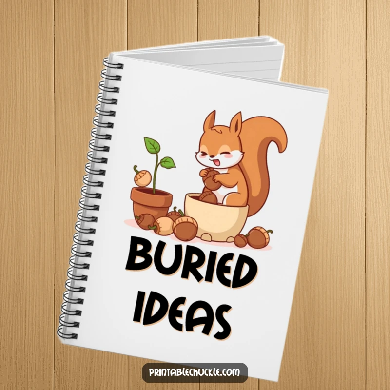 Funny notebook with a frantic squirrel hilariously burying acorns in a potted plant, ideal for journaling.