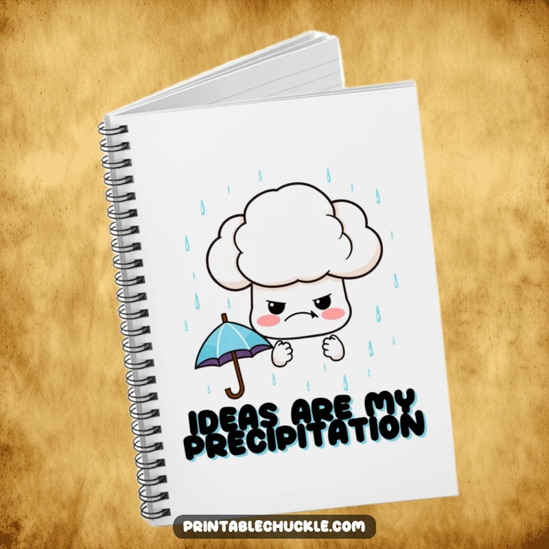 Funny notebook cover with a grumpy cloud raining miniature umbrellas, providing a humorous and practical space for notes and ideas.
