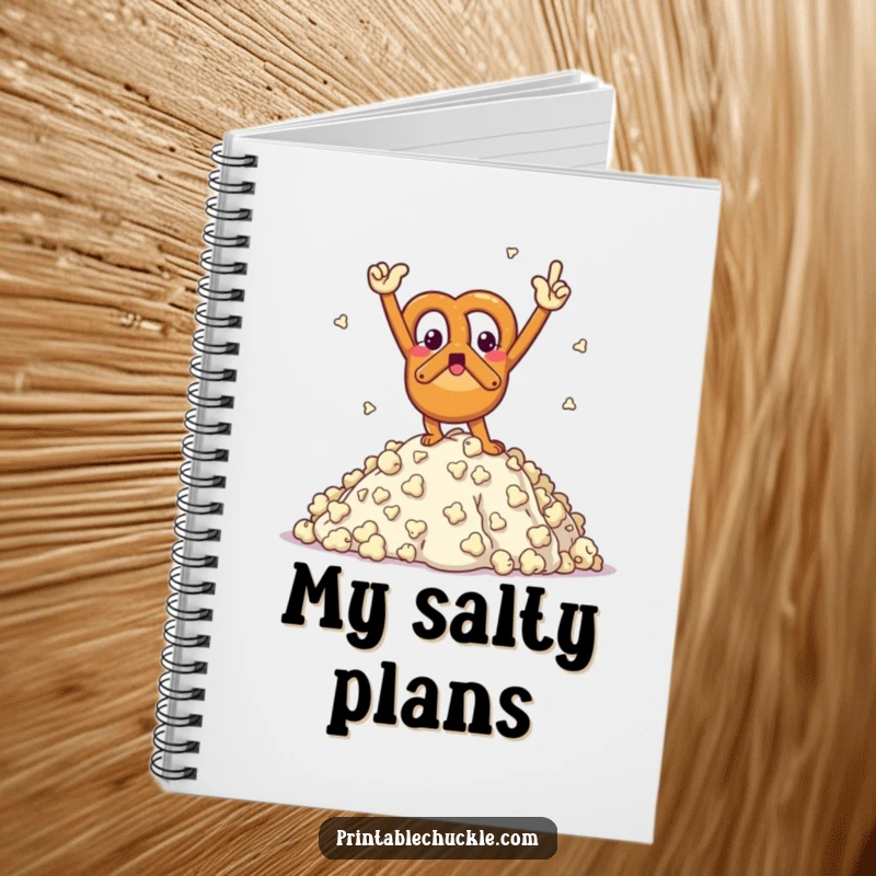 Funny notebook with a triumphant pretzel character doing a victory pose on a popcorn mountain, for jotting wins.