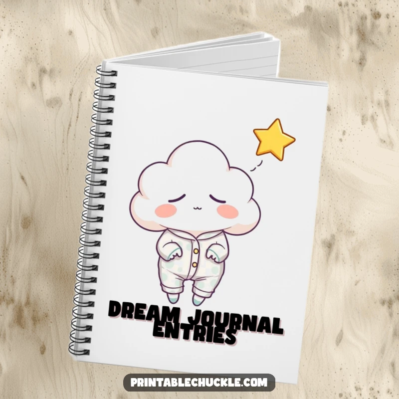 Funny sleepy cloud notebook, cover art showing a cloud in pajamas reaching for a falling star, ideal for note-taking.