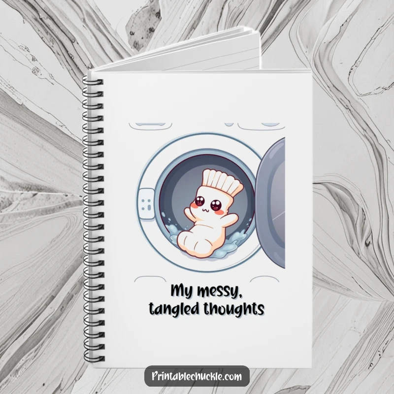 Funny notebook: a sock with googly eyes, flustered, tumbling from a washing machine, for notes.