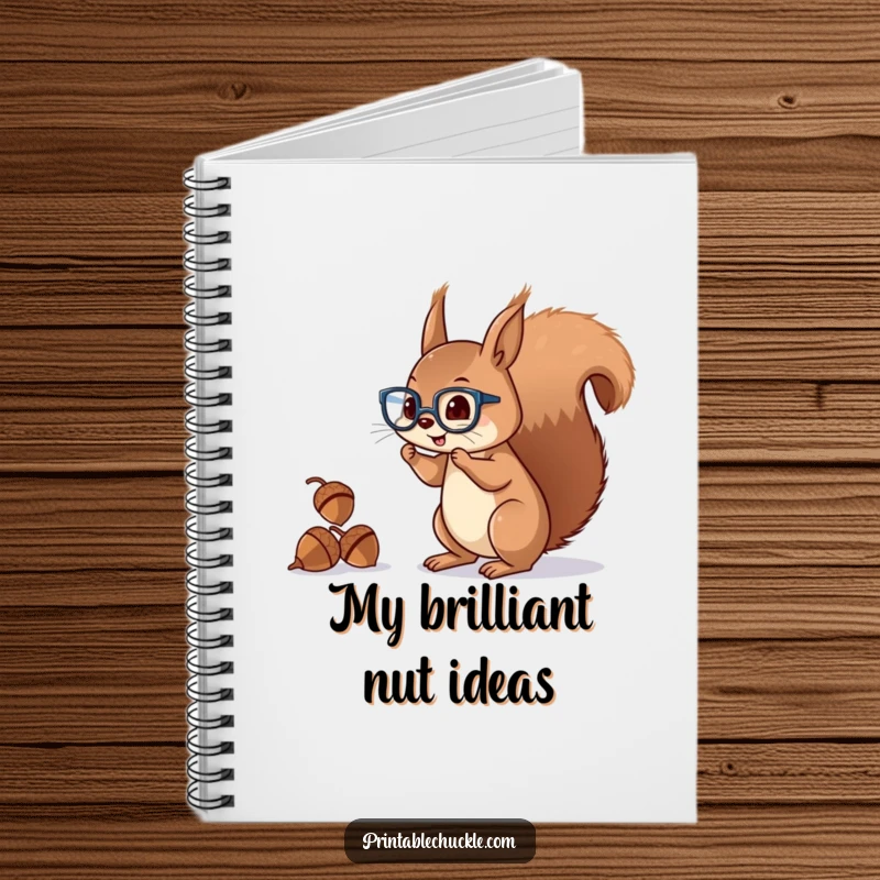 Funny squirrel notebook featuring a mischievous character with glasses juggling acorns with its tail, ideal for writing.