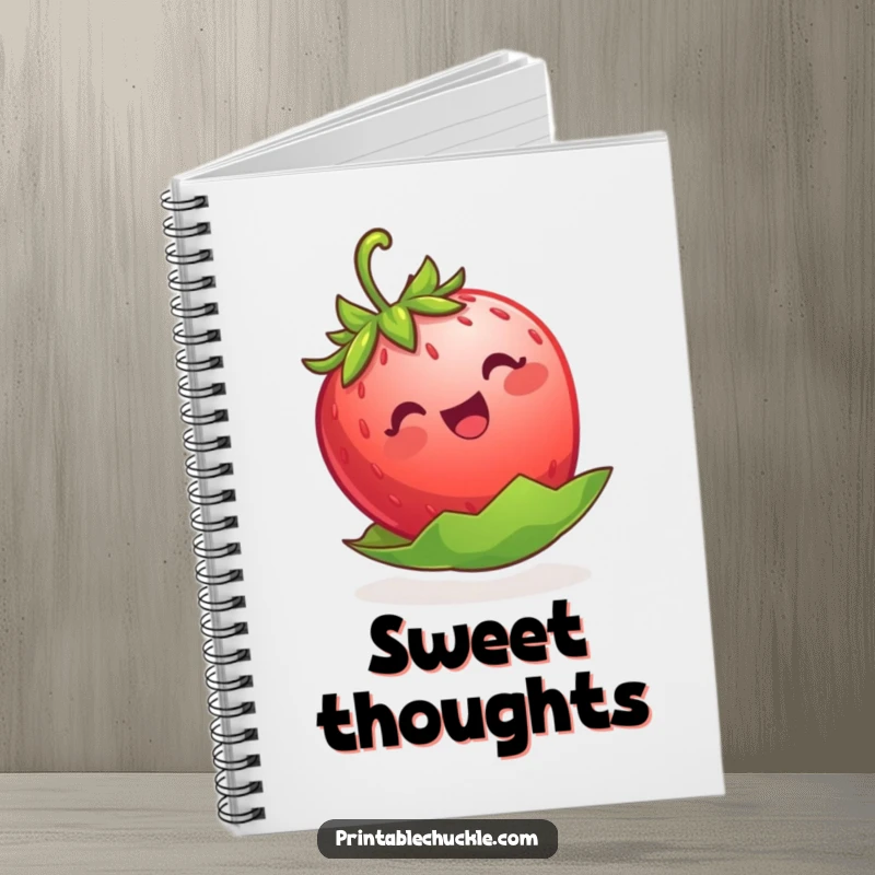 Funny strawberry notebook, a cheerful berry floating on its leaf, ideal for jotting down bright ideas.