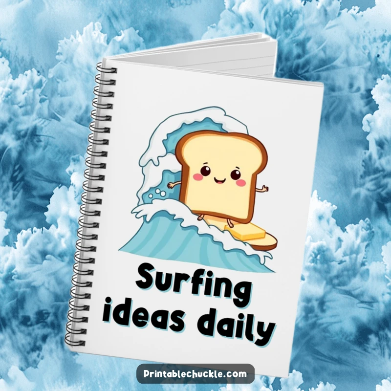 Funny notebook with a toast character joyfully surfing a massive butter wave, practical funny gift.