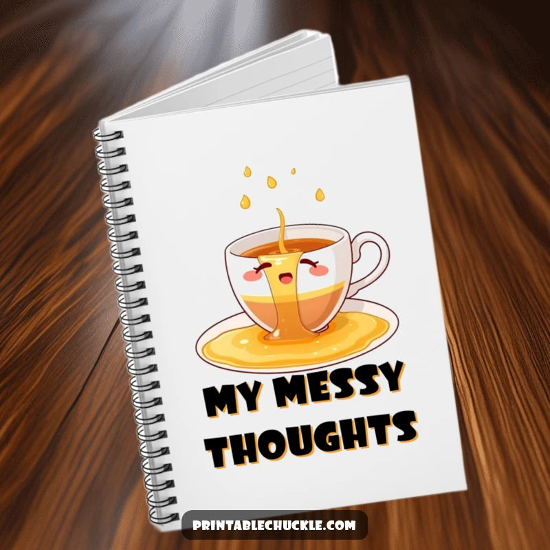 Funny notebook cover featuring a bewildered teacup trying to hold a waterfall of spilled tea.