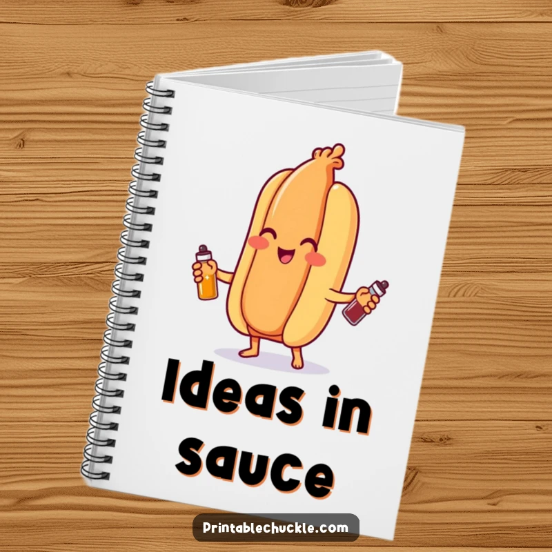 Funny hot dog notebook, showing a wiener juggling condiment bottles, ideal for jotting down funny thoughts and ideas.