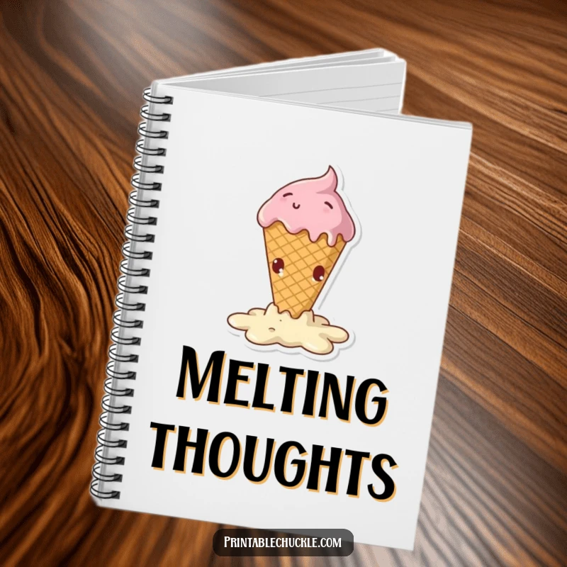 Funny notebook with a melting ice cream cone in a dramatic, hilarious fall, ideal for journaling.