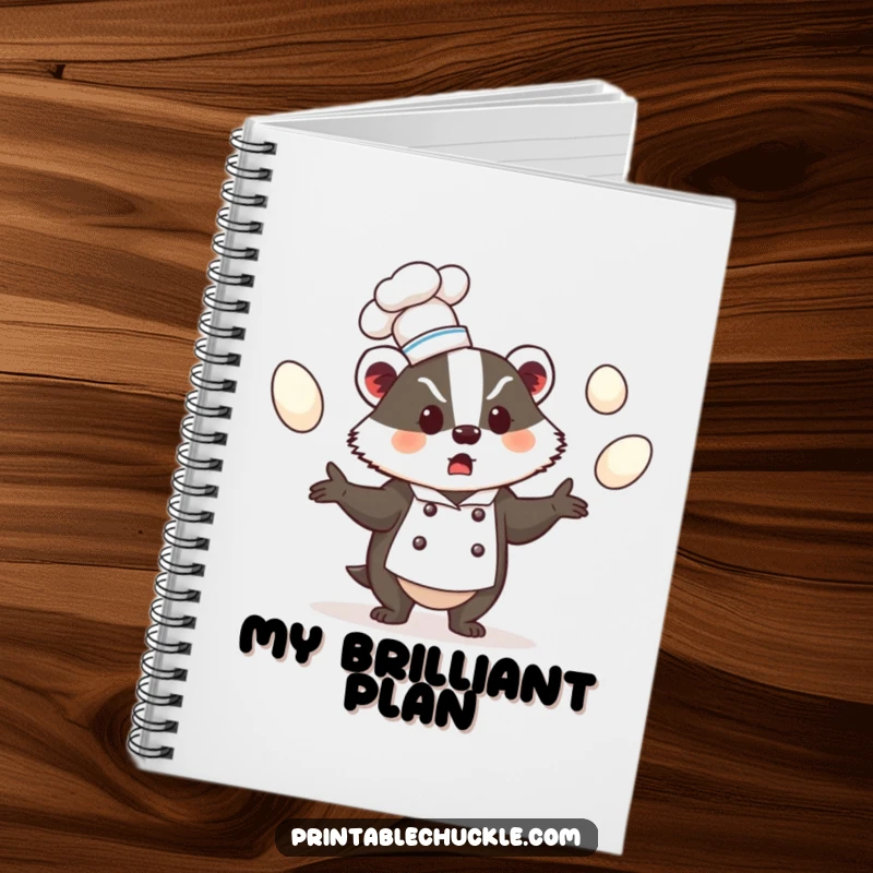 Funny notebook with a bewildered badger chef juggling eggs, practical funny gift for cooks.