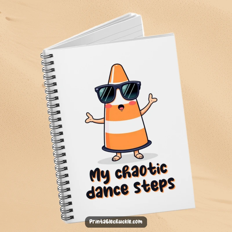 Funny notebook with a bewildered traffic cone in sunglasses attempting salsa, ready for your unique notes.