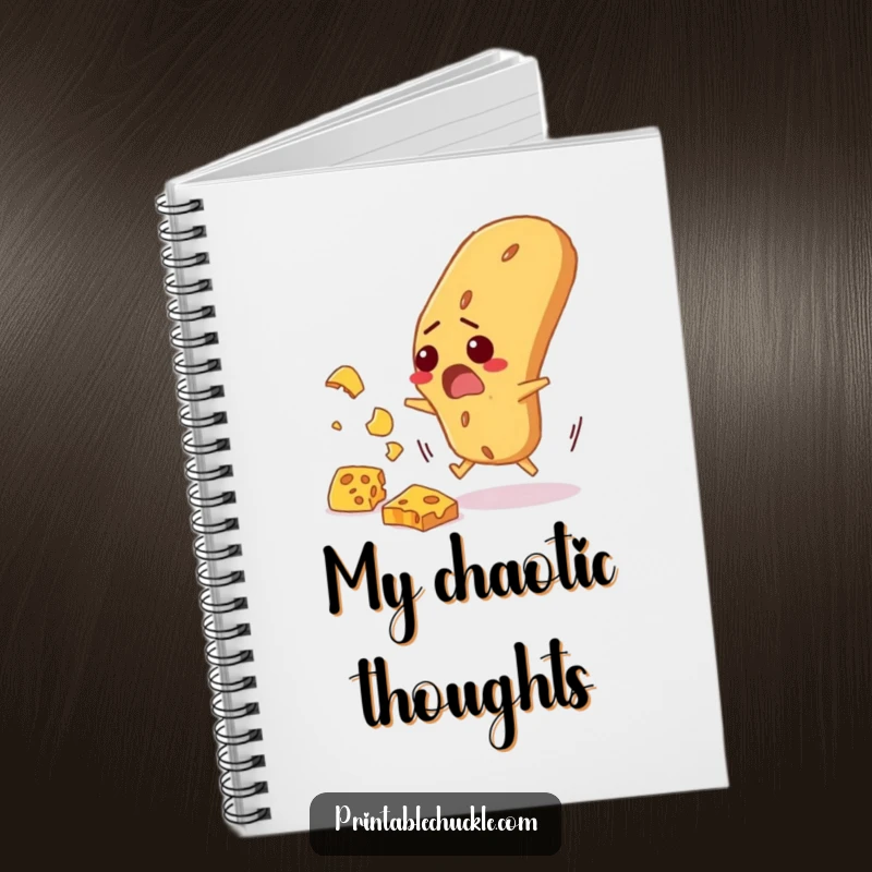 Funny notebook with a startled baguette frantically dodging falling cheese, great for jotting down food ideas and funny thoughts.
