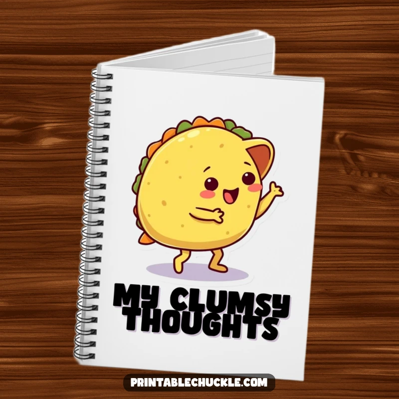 Funny notebook featuring a dancing taco character comically tripping over its own shell, ideal for jotting down notes with food-related humor.