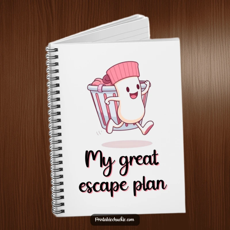Funny notebook with a sock with legs running away from a laundry basket, perfect for notes and ideas.