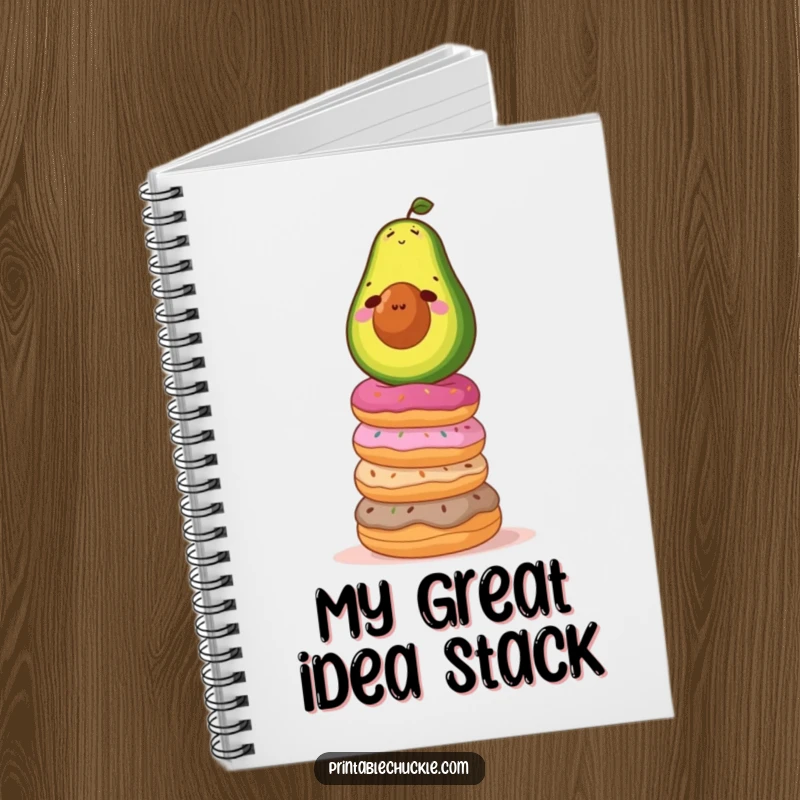 Funny notebook cover with a determined avocado balancing on a wobbly stack of donuts, ideal for jotting down funny notes.