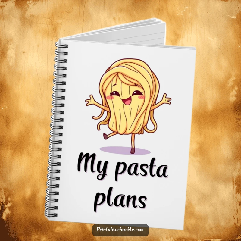 Funny Notebook featuring a dancing spaghetti noodle with a mischievous grin, ideal for writing notes and creative brainstorming.