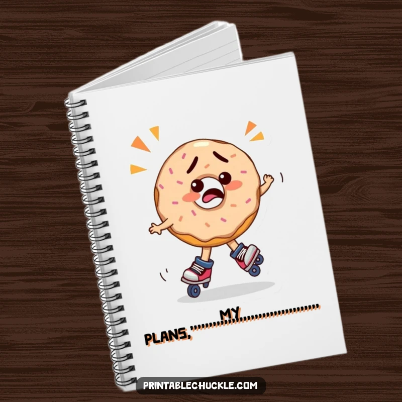 Funny confused donut on roller skates, spinning out of control, featured on a funny notebook cover, a useful funny gift.