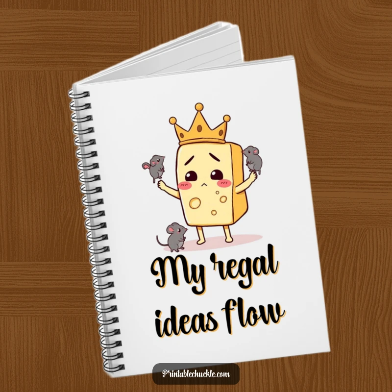 Funny notebook with a bewildered cheese slice wearing a crown, juggling mice, perfect for notes and sketches.