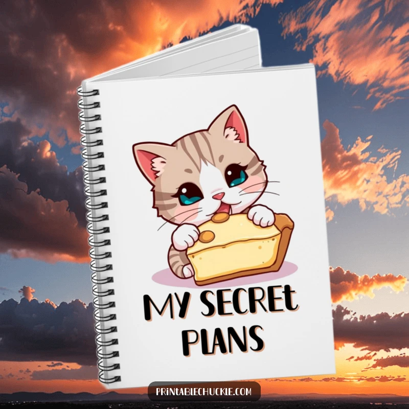 Funny notebook with a mischievous cat attempting to steal a slice of pie, practical funny gift.