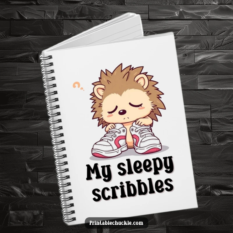 Funny hedgehog notebook featuring a sleepy character struggling with oversized sneakers, ideal for writing.
