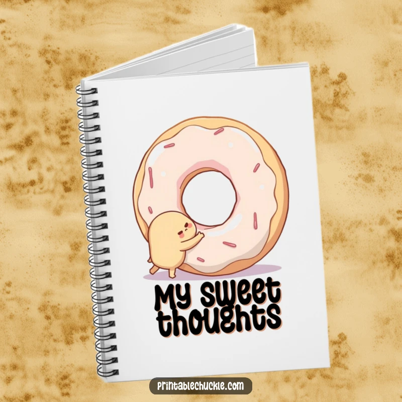 Funny notebook with a shy donut hugging a giant, smiling doughnut hole, perfect for notes and drawings.