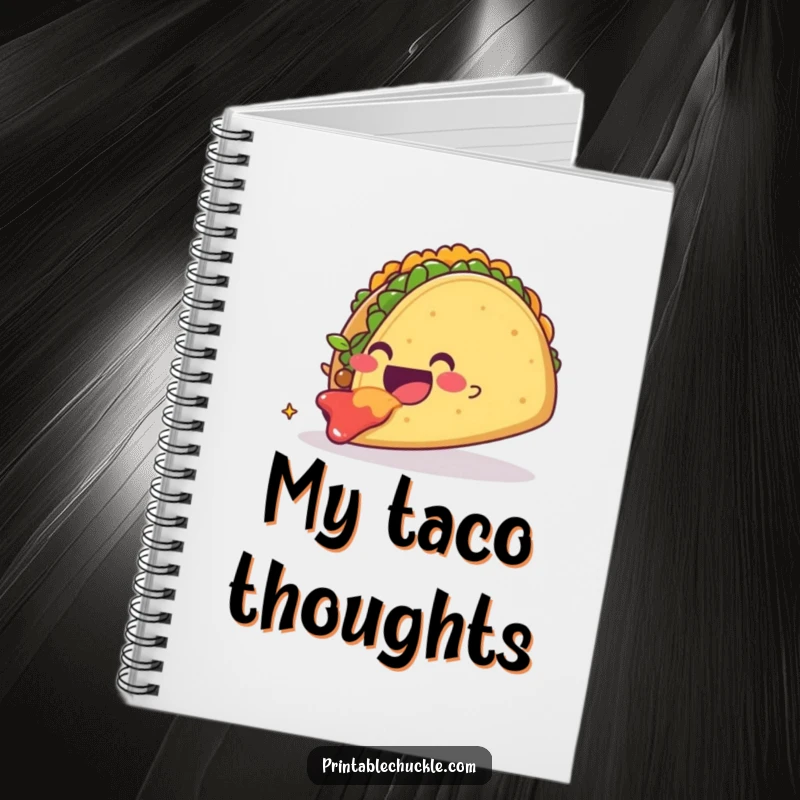 Funny smiling taco character gleefully eating a giant taco, perfect for writing notes and recipes. A functional and funny notebook.
